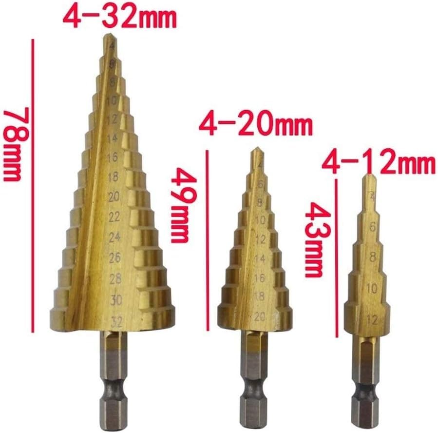 Brocas de metal, broca escalonada ranurada en espiral, juego de brocas escalonadas Hss de 3 piezas Brocas hexagonales cónicas recubiertas de titanio Cortador de orificios Taladros escalonados centrale