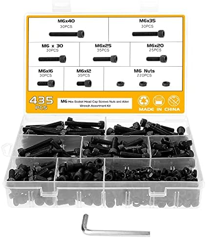 Faankiton435PCS M6 Hex Socket Cap Head Button Screws Bolts Nuts Set,12.9 Carbon Steel Flat head Cylindrical Screws Assortment Kit