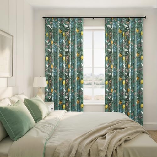 Image of 90 Inches Long Curtains 2 Panels for Living Room Botanical Hummingbird Luxury Whimsical Floral Printed Pinch Pleated Drapes for Bedroom Thermal Insulated Window Curtains Sage Green