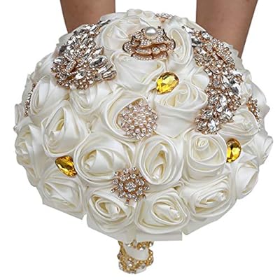 WIFELAI-A Handgefertigte Strass-Brosche für Hochzeitsblumen, Brautsträuße, Kristall, Brautstrauß, weiße elfenbeinfarbene Satin-Rosen mit Diamant-Perlenband – Bild 5