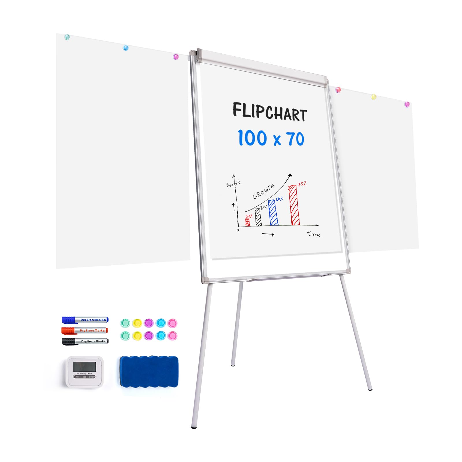 maxtek Flip Chart Whiteboard, 100 x 70 cm Magnetic Whiteboard with Stand, Height Adjustable Portable Flipchart Paper, 2 Extendable Side Arms - Ideal for School, Office, Seminar, Training, Presentation