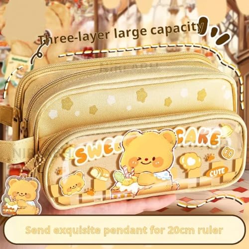 Image of Pencil Pouch with Large Capacity Cartoon Pattern Pencil Case, Aesthetic Pencil Case for Girls Multifunctional Stationery Organizer (3 Layers Cute Panda Pouch - Brown)