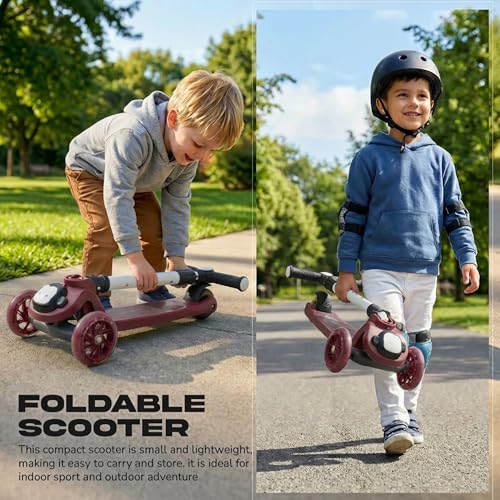 Image of Baybee Rovix Kick Scooter for Kids | Foldable Skate Scooter with 3 Height Adjustment Handle & LED Light Wheels | 3 Wheel Baby Scooter with Rear Brake | Kids Scooter for 2 to 10 Years Boy (RED /Black)