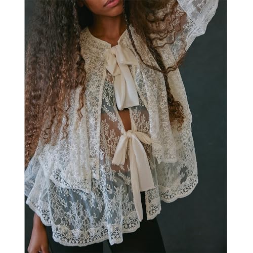 Women Sheer Lace Long Sleeve Tops Off Shoulder Lantern Sleeves Tiered Lace Solid Color See Through Tee Shirts3