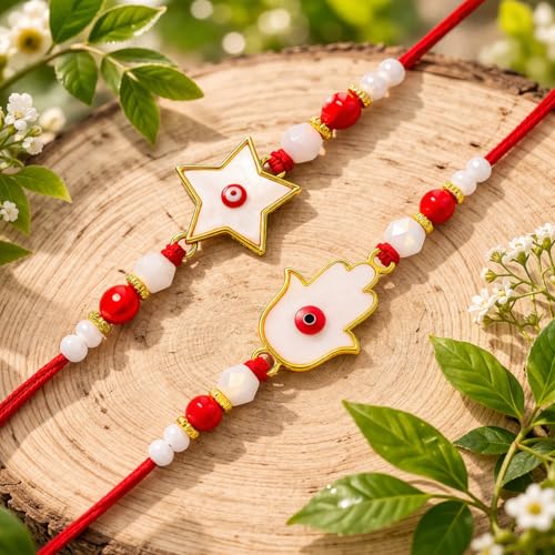 Image of Riddhika Ventures Elegant Evil Eye Rakhi for Protection from Negative Energy (Set Of 2) With Roli Chawal And Greeting Card (V1W1)