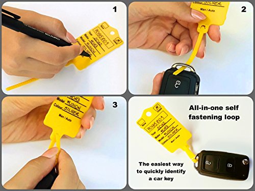 Car Key Tags For Mechanic/Service - Yellow Self Locking Auto Key Tags Made Of Waterproof Plastic | Box Of 300 Auto Tags | No Folding, No Key Rings, No Laminated Key Tags Necessary | Pen Included #TOP3
