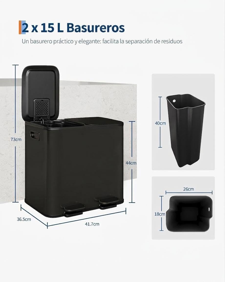 Garvee Cubo de Basura Doble de Acero Inoxidable con Pedal 2x15L – Cierre Suave y Silencioso para Cocinas Pequeñas Reciclaje, Negro