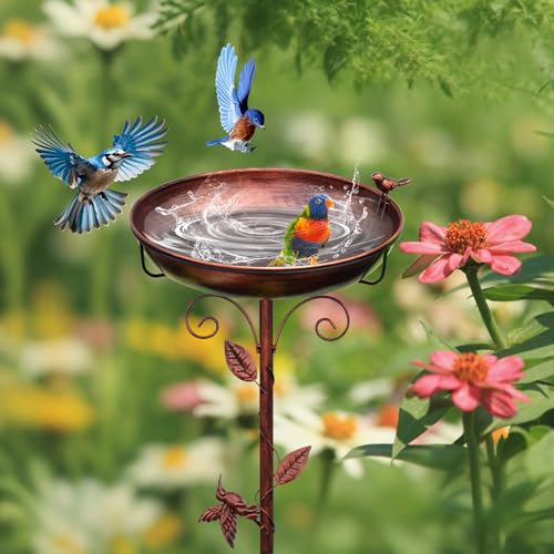 GRECOMEIN Metal Bird Bath for Outside with 2 Bird Decor, Hummingbird on Pole & Sparrow on Bowl, 38.5 Inch Height Garden Birdbath, 12 Inch Antique Bronze Freestanding Birdfeeder Bath for Yard Patio