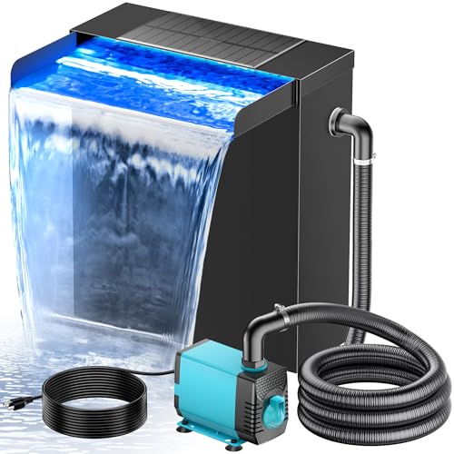 POPOSOAP Pond Waterfall Spillway with LED Lights, 304 Stainless Steel Waterfall with Filtration & 9.8FT Corrugated Tubing, 660GPH Pond Pump Fountain Kit for Outdoor Garden Pond,13.4" H x 12"