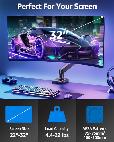 Image of Single Monitor Mount for 32 27 24 22 inch Screen, Monitor Arm Holds 4.4-22 lbs, Monitor Desk Mount, Gaming & Home Office Use, VESA 75x75mm & 100x100mm, Freelift Pro Black