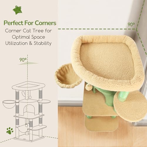 Image of Globlazer Cactus Corner Cat Tree Tower with Scratching Post for Indoor Cats, 51in Multi-Level Cat Condo Tower with Large Hammock, Fan-Shaped Padded Perch, Spacious Cat Cave, Hanging Basket, C51, Green