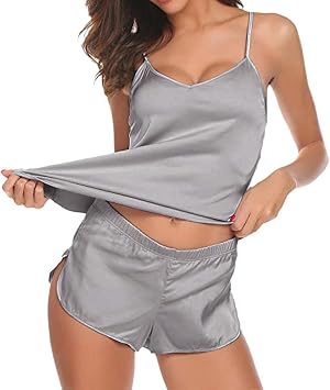 Women Sexy Underwear Pajamas Silk Dress Pajamas Bedding Set Women Sexy-Lingerie Sleepwear Satin Silk Babydoll Lace Up Nightwear Pajamas Set Gray-06#WER, L