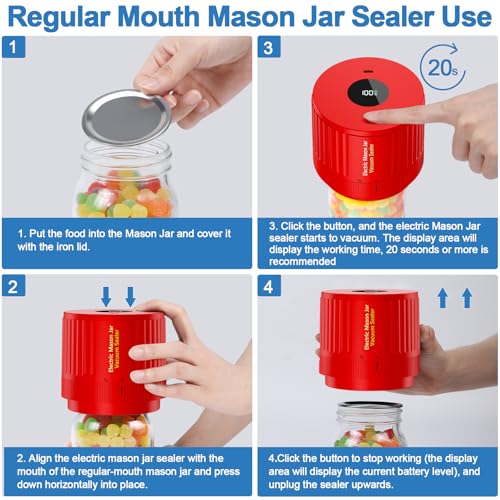 Electric Mason Jar Vacuum Sealer Kit for Wide Mouth and Regular Mouth Mason Jar - Red
