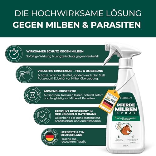 Silberkraft Milbenspray Pferde 500 ml, Effektiver Milbenschutz & Parasitenabwehr, Soforthilfe bei Juckreiz, Langzeitschutz gegen Milben, Flöhe & Läuse, wirksame Formel zur Insektenabwehr