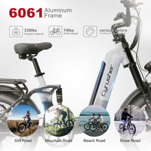 Cyrusher Kommoda Step-Through Ebike 750W Bafang Motor 48V 14Ah Integrated Battery 20" X 4.0" Fat Tire Electric Bike For Adults Shimano 7-Speed Front Suspension 3.7'' Lcd Display (White) #TOP4