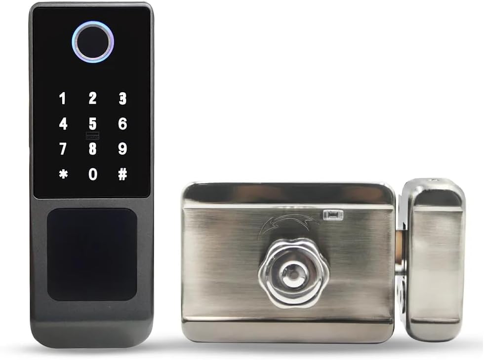 Heavy-Duty Electronic Gate Lock: one Side keypad, Fingerprint & Card Access, APP Control, Weather-Resistant Design for Secure Outdoor Use, Easy Install, DIY