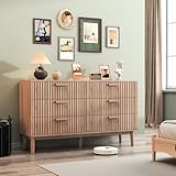 OLIVIBED Kommode mit 6 Schubladen, Schlafzimmerkommode mit Griff und Beinen, Schubladenschrank für Schlafzimmer, Wohnzimmer, Flur,Landhausstil, Naturholzfarbe, 100x34x73cm