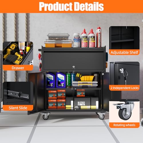 Image of Metal Garage Storage Cabinet with Wheels, Rolling Tool Cabinet with Adjustable Shelf, 1 Drawer and 2 Doors for Tools, Garage,Workshop, Black, Assembly Required