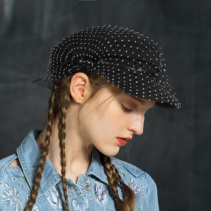 HAPPYPOP Cappello Newsboy Donna con Strass e Rete Stile Vintage