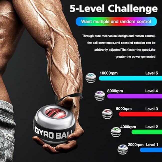 Challenging Torque Ball-Metal Gyro Ball Wrist Exerciser, Wrist and Hand Exerciser with Metal Shell, Auto-Start Gyroscope for Strengthening Arms, Fingers & Wrist, 5-Level Color-Shifting
