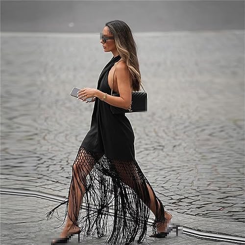 Black Fringe Hem Dress Women's Chic Elegant Halter Neck Midi Dress3