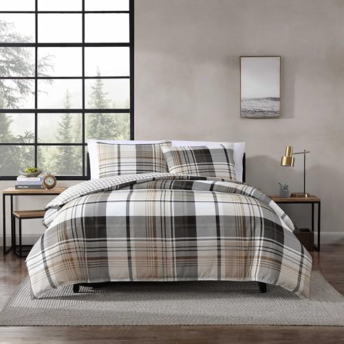 Image of Eddie Bauer- Twin Duvet Cover Set, Reversible Microsuede Bedding Set with Matching Sham, Dorm Essentials (Normandy Plaid Black /Brown)