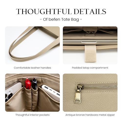 Image of befen Genuine Leather Tote Bag for Women Work Travel Leather Purse Handbags | Real Leather, Padded 14 inch Laptop Compartment, Multi-Pockets, Zipper, Tote Bag for Daily