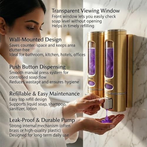 Image of ALTURAS Wall Mounted Liquid Soap Dispenser, ABS, 400 ML, for Shampoo, Sanitizer and Gel Handwash Dispenser (400 ML Gold Combo)