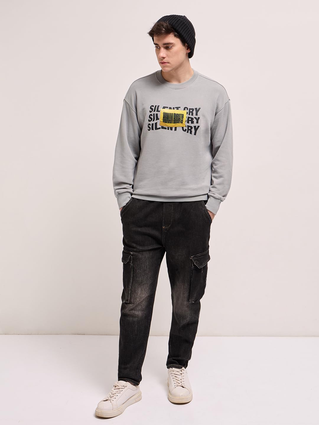 THE BEAR HOUSE Men Typography Printed Round Neck Cotton Pullover Sweatshirt Grey 2
