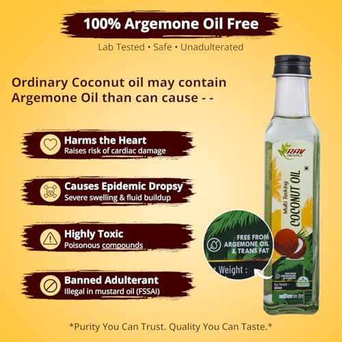 Image of Rav Organics Virgin Coconut Oil 250 ml | 100% Pure Wood Cold-Pressed, Unrefined & Edible | For Cooking, Hair, Skin & Baby Care,Oil Pulling | Nariyal Tel /Gari ka Tel for Hair | Free From Argemone Oil & Trans Fat
