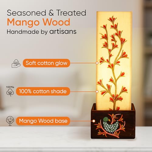 Image of AAKRITI ART CREATIONS Teak Wood Table Lamp for Study Room, Bedroom & Living Room Decoration | Madhubani Botanical Floral Vines Bedside Lamp with Cotton Fabric Shade | Aesthetic Night Lamp