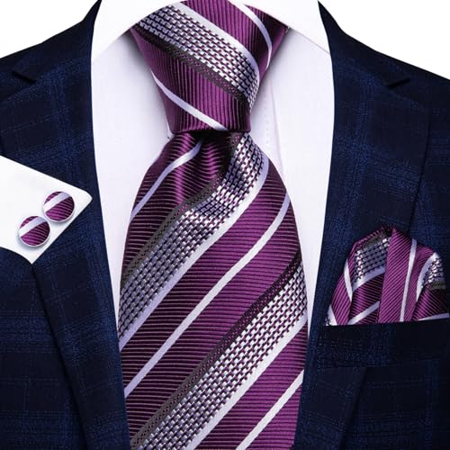 Image of Purple White Tie and Lapel Pin 4PCS Set Silk Striped Formal Necktie for Men Pocket Square Cufflinks Wedding Party
