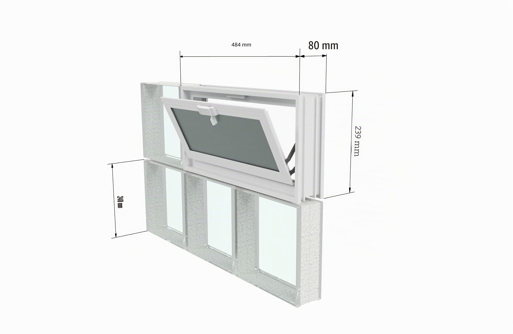 Ventana de ventilación para insertar en una pared de bloques de vidrio o mampostería | Dimensiones 48,4X24X8 cm | Unidad de venta 1 ventana