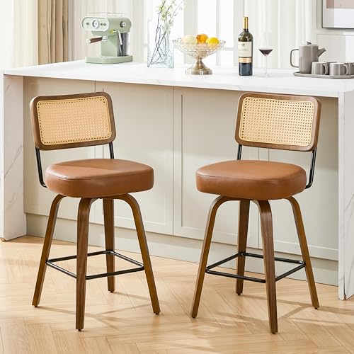 Image of Swivel Bar Stools Set of 2, 26 inch Upholstered Counter Height Bar Stools with Back and Walnut Wood Legs, Faux Leather Barstools for Kitchen Counter, Rattan Brown