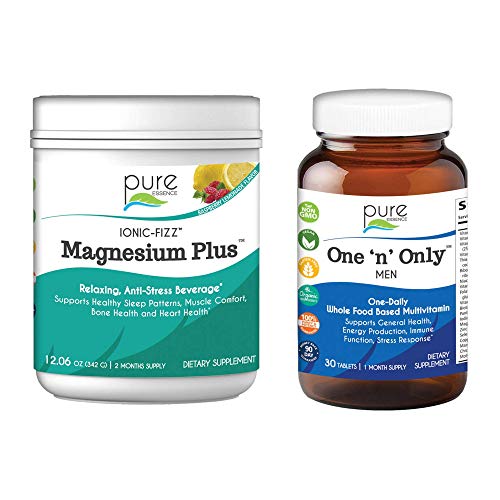 Pure Essence Labs Ionic Fizz Magnesium Plus + One N Only Men's Multivitamin Bundle | Sleep Aid + Anti Stress Supplement Powder - Raspberry Lemonade | One a Day Herbal Supplement | Two Month Supply