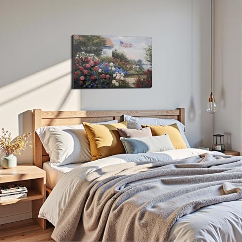 Image of Framed American Flag Cottage Rose Garden Wall Art, Patriotic Floral Canvas Art Pictures, USA Flag Wall Decor for Living Room Bedroom Bathroom, Ready to Hang Made in USA