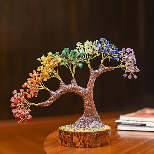 Image of Seven Chakra Crystal Tree for Positive Energy and Home Decor - Handmade Feng Shui Bonsai Tree with Natural Gemstones on Wooden Base - Healing and Meditation