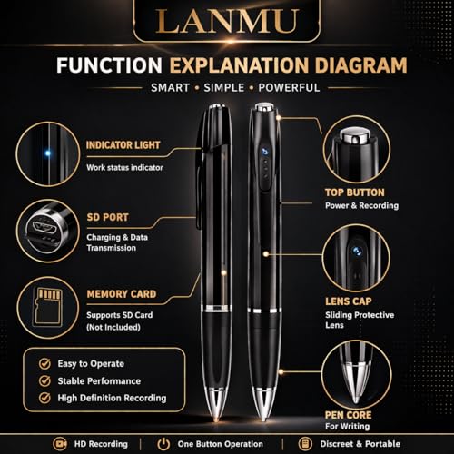 Image of LANMU *Upgraded*2026 Spy Pen 1080P Full Hd Hidden Cam 150-180 Min Battery Pocket Security in /Out Door Camera with Video Audio Recording Secret Pen Recorder&USB Cable(Limited Edition 440MAH Battery)