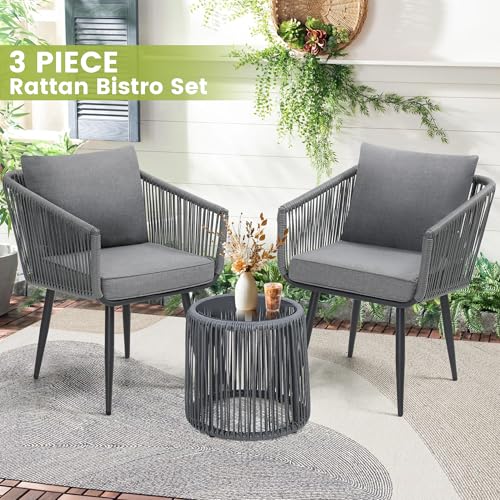 Image of Kromax 3-Piece Patio Rattan Bistro Conversation Set, Grey | Outdoor All-Weather Wicker Furniture Chairs and Side Table Set, Ideal for Balcony, Porch and Backyard