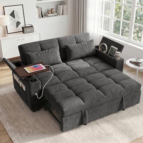 Image of Dreamzie 65'' Convertible Sleeper Sofa Bed with 90 Swivel Side Table, Chenille Pull Out Couch for Living Room, Loveseat Sleeper Couch with Hidden Storage Space | Charging Port | Cup Holders, Grey