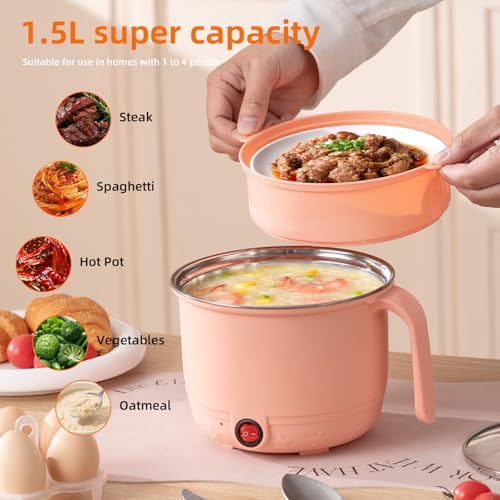 Image of Electric Cooking Pot with Steamer 1.5L | Multi-Function Mini Cooker | Non-Stick Inner | Travel Friendly Kitchen Appliance (Peach, With Steamer)