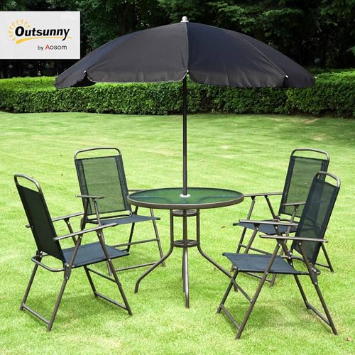 Outsunny 6 Pieces Patio Dining Set with Umbrella, Outdoor Furniture Set with Round Table and 4 Folding Chairs for Garden, Lawn, Deck, Black - Image 3