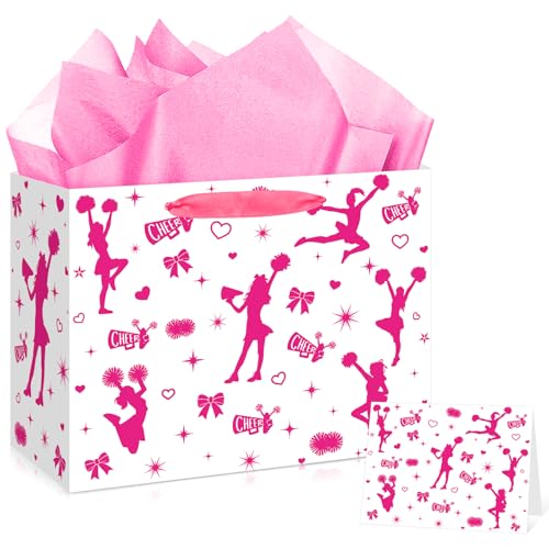 Large Cheerleading Birthday Gift Bag,Hot Pink Cheerleading Game Girl Wrapping Paper Bag Cheer Dance Themed Party Decorations with Tissue Paper and Card for Cheerleader and Gymnastics Party