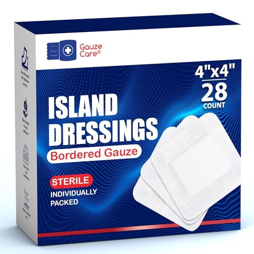 GauzeCare Island Dressing 4x4 inch 28 Pcs| Individually Packed Sterile Pouches| 2x2 Non-Stick Pad in Center with Acrylic Adhesive Borders| Water-Resistant Adhesive Pads for Wound Care and Dressing