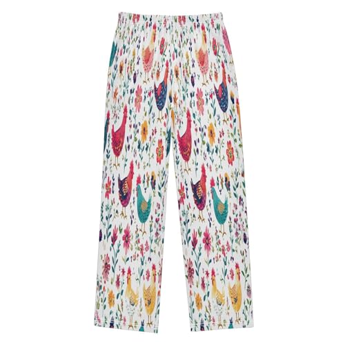 Playful Pattern Of Chickens and Flowers Lounge Pajama Pants Soft PJ Bottoms for Sleepwear Ages 6-14 Years