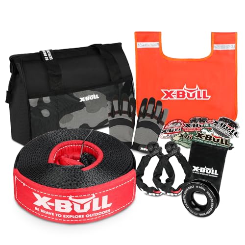 X-BULL Offroad 4×4 Recovery Kit - 3'' x 30' (31518LBS) 100% Nylon Tow Strap +Synthetic Soft Shackles (2pcs)+Snatch Ring+Gear Storage Bag +Gloves+Winch Dampener, Gear Winch Accessories