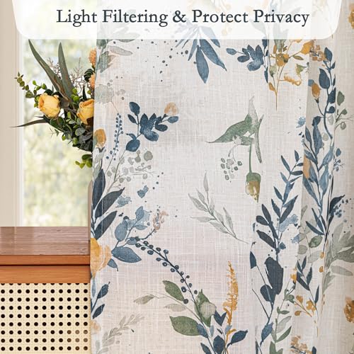 Image of MYSKY HOME Floral Linen Curtains 54 Inch Long Semi Sheer 2 Panels