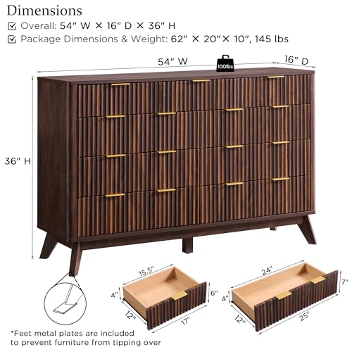 Image of T4TREAM Fluted 9 Drawers Dresser, 54 inch Wide Modern Chest of Drawers, Curved Profile Design, Dresser TV Stand, Wood Drawer Organizer for Bedroom, Living Room, Hallway, Dark Walnut