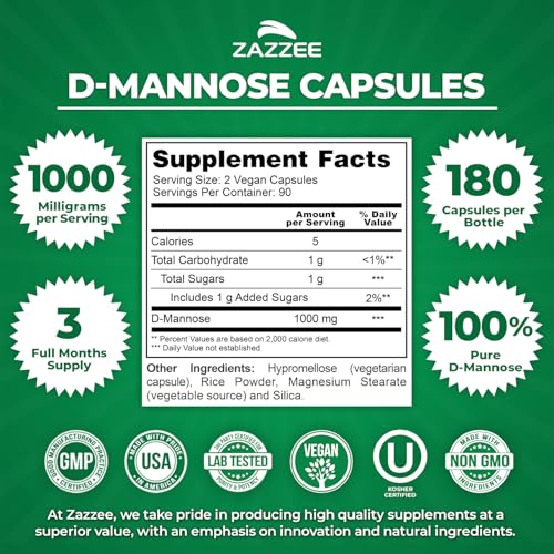 Image of Zazzee D-Mannose, 1000 mg per Serving, 180 Vegan Capsules, 3 Month Supply, Potent & Fast-Acting, Certified Kosher, 100% Pure, All-Natural Urinary Tract Health Support, 100% Vegetarian, Non-GMO