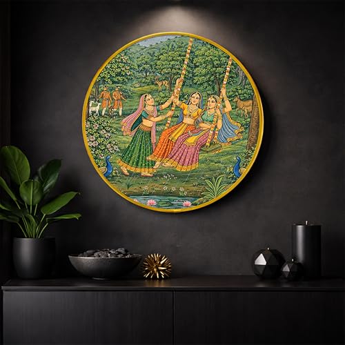 Image of Traditional Indian Village Madhubani Round Framed Wall Art Painting For Living Room | Rajasthani Folk Cultural Pichwai Wall Art Painting With Frame for Home, Bedroom & Office, 16 Inch